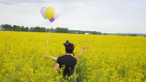 Menina em um vestido que atravessa o campo de trigo amarelo com balões na mão. movimentos lentos — Vídeo de Stock