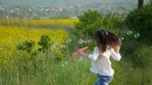 Счастливая маленькая девочка играет среди мыльных пузырей на зеленом лугу летом — стоковое видео