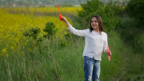 Niña feliz jugando entre burbujas de jabón en el prado verde en verano — Vídeos de Stock