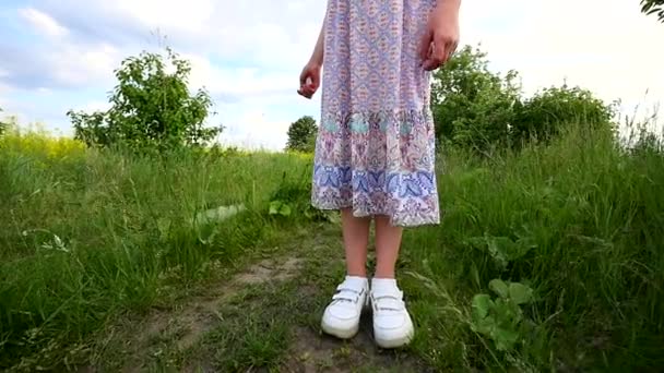Nogi dziewczyny przychodzi z daleka do aparatu zatrzymuje się tuż przed aparatu i ponownie przenosi na zielony trawnik Outdoors.concept połączenia z naturą — Wideo stockowe