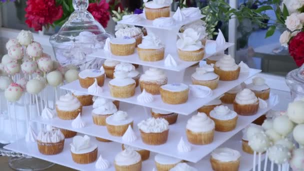 Delicioso casamento recepção doces bar mesa de sobremesa — Vídeo de Stock