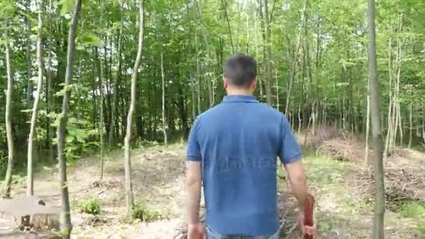 Hombre con un hacha en el fondo del bosque — Vídeo de stock