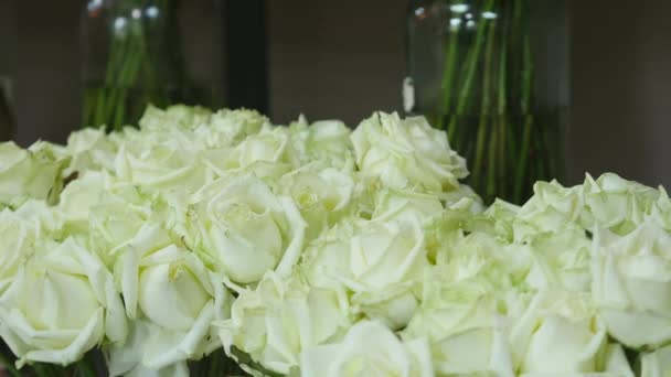 Primer plano de rosas frescas de color blanco con tallos verdes y hojas dispuestas en racimos para la venta en tienda de flores — Vídeos de Stock