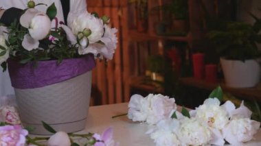 Profesyonel çiçekçi Başlat yapma buket pembe Peonies. yakın çekim