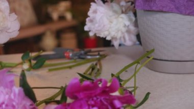 Peones bir buket yapma çiçekçi kadar kapatın