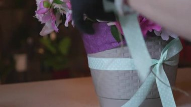 Renkli peonies ve gül ve mavi şerit beyaz masa üzerinde oluşan close-up. Arka plan çiçek Dükkanı