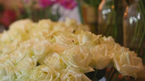 Zbliżenie świeży róż kolor biały zielony łodyg i liści rozmieszczone w pęczkach na sprzedaż w kwiatowy sklep — Wideo stockowe
