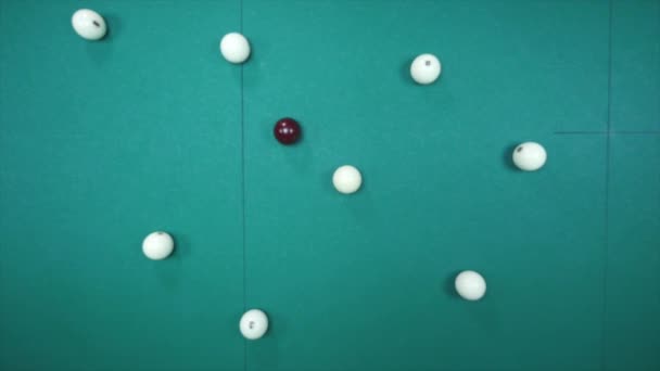 Спортивная игра в бильярд. Бильярдные шарики на столе — стоковое видео