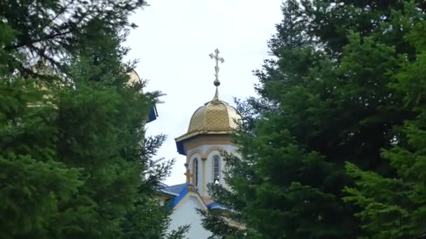 Orthodoxe kerk, de katholieke kerk, koepel van een kerk tegen een blauwe hemel, tegen de skygolden-koepels — Stockvideo