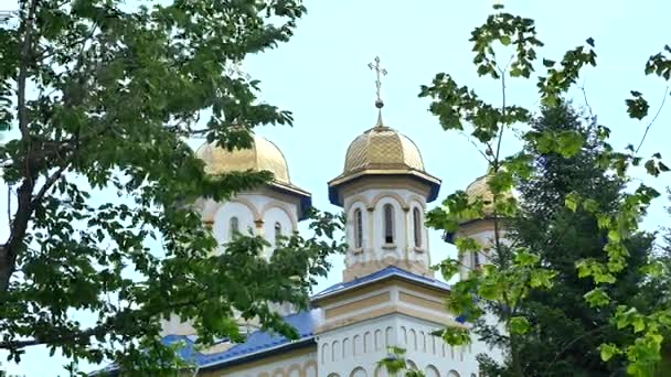 Ortodox egyház, a katolikus egyház, kupola a templom ellen a kék eget, szemben a skygolden kupolák — Stock videók