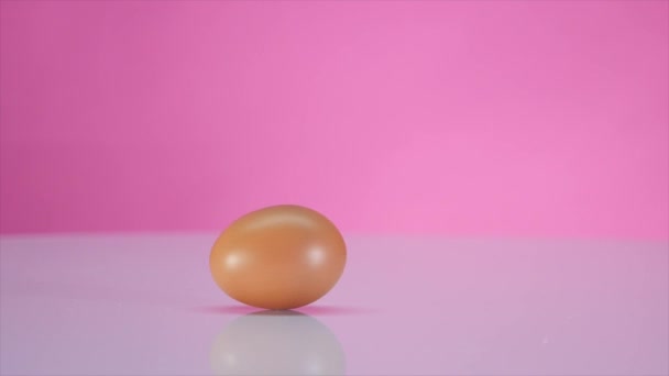 The egg spins on a table on a pink background — Stock Video