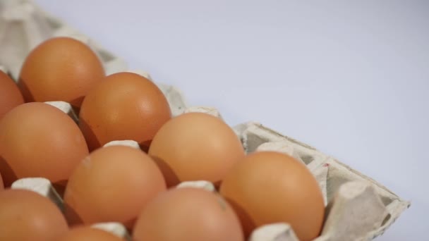 Крупним планом яйця в паперовому лотку, яєчна коробка ізольовані на білому тлі — стокове відео