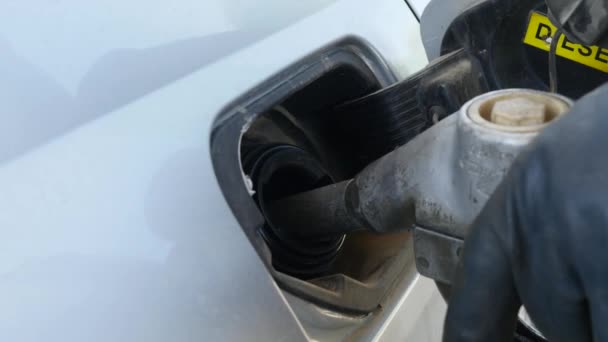 Ruce drží trysky paliva na výplň v autě — Stock video