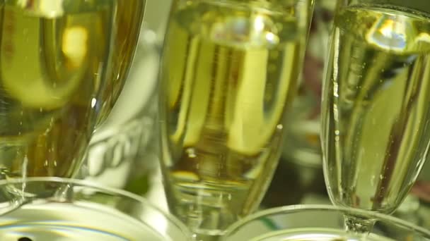 Много бокалов шампанского на столе — стоковое видео