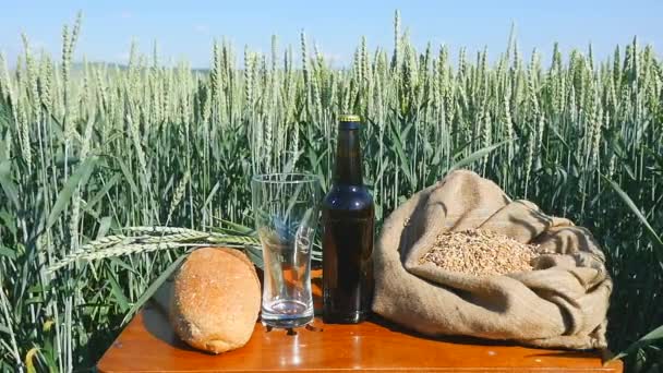 Chléb, kvas a pytlík pšenice na stole v pšeničné pole na Slunečno Oblačno větrný srpna den — Stock video