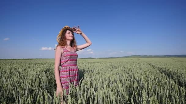 Молодая женщина в шляпе стоит на пшеничном поле с голубым небом на заднем плане — стоковое видео