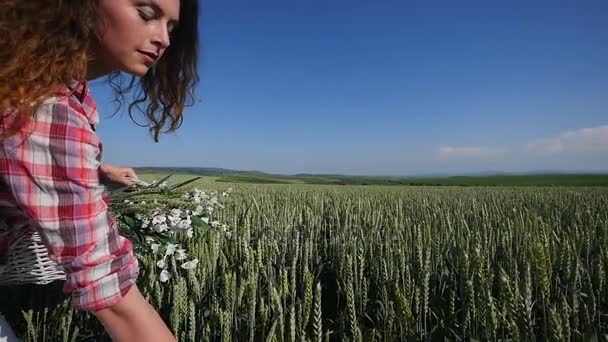 Mladá žena chodit s koš s květinami pšeničné pole s modrou oblohou na pozadí. Zpomalený pohyb — Stock video