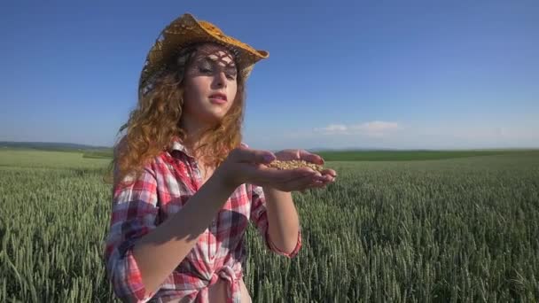 Τα χέρια του ένας αγρότης κορίτσι κοντινό ρίχνουμε μια χούφτα σπόρων σιταριού σε ένα πεδίο σιτάρι — Αρχείο Βίντεο