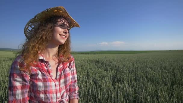 Красотка на открытом воздухе в пшеничном поле — стоковое видео