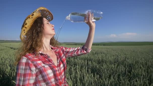 Молодая женщина пьет и охлаждает себя водой на пшеничном поле — стоковое видео