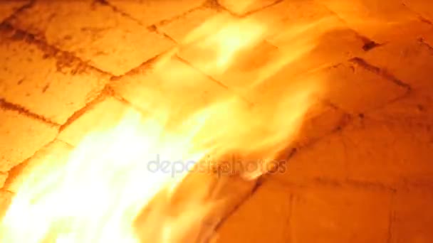 Burning firewood in the fireplace closeup, glowing logs, fire and flames — Stock Video