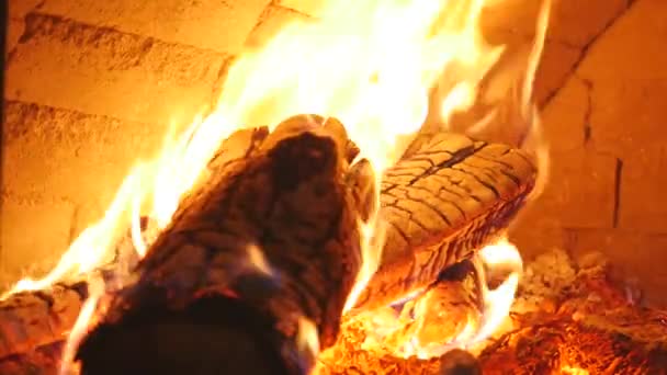 Legna da ardere nel camino primo piano, tronchi incandescenti, fuoco e fiamme — Video Stock