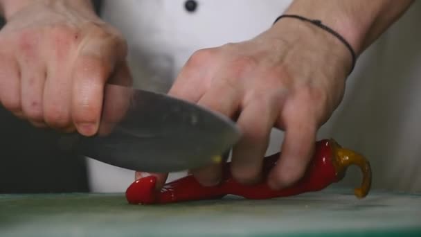 Der Koch schneidet scharfe Chilischoten auf das Holzbrett, würzige Speisen, Mahlzeiten mit Gemüse, vegetarisches Essen — Stockvideo