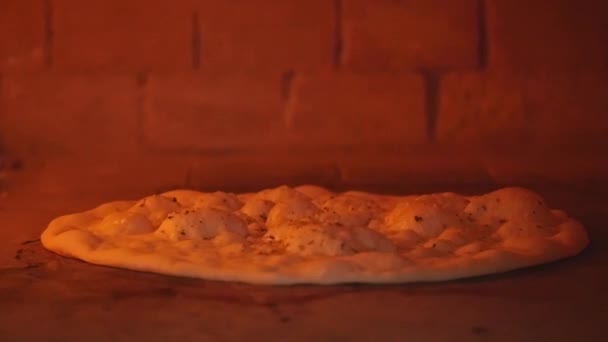 Pizza bakning i en trä eldas ugnen — Stockvideo