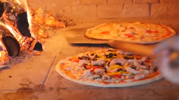 Pizza bakning i en trä eldas ugnen — Stockvideo
