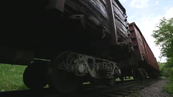 Uma visão de baixo ângulo de carros de trem que passam ao longo de uma pista Vista de baixo ângulo de trem Uma visão de baixo ângulo de carros de trem que passam ao longo de uma pista — Vídeo de Stock