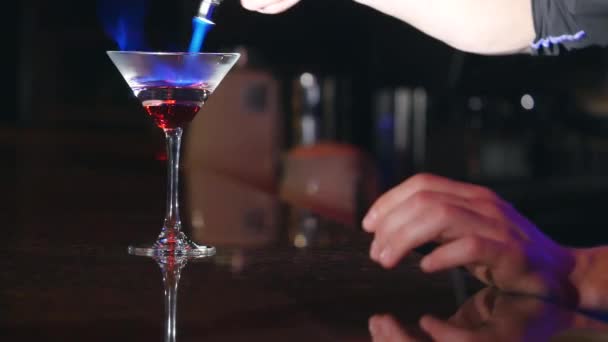 Cocktail. Der Barkeeper macht den Cocktail. Barmann zündet Cocktail an — Stockvideo