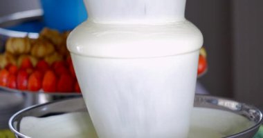 Çikolata çeşme ve meyve şiş üzerinde