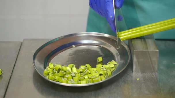 Fabrication de bonbons au caramel, maître coupe bonbons au caramel. au ralenti — Video