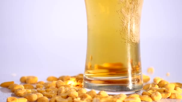 Стакан пива на белом фоне с маринованными арахисами. close up — стоковое видео