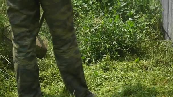 Corta-relva cortando grama em câmera lenta — Vídeo de Stock