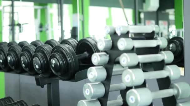 Many fitness dumbbells in the gym — Stock Video