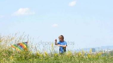 Küçük çocuk çocuk zevk uçan ile yürüyüş uçurtman eğlenceli doğa pikniğe