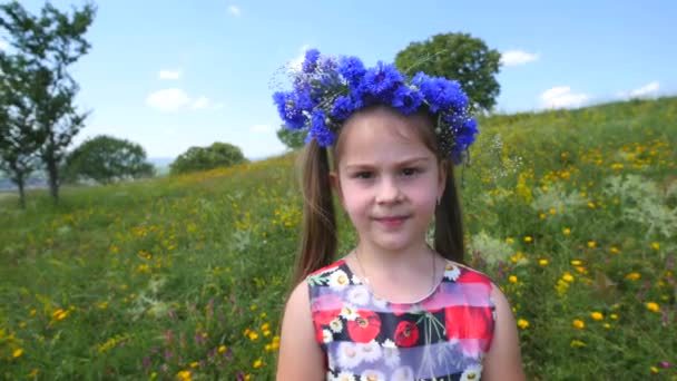 Pequena menina sorriu usar coroa de flores silvestres em sua cabeça — Vídeo de Stock