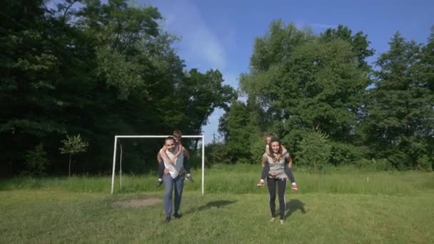 Boldog fiatal család, két gyermek fut a nyári mező. Lassú mozgás — Stock videók