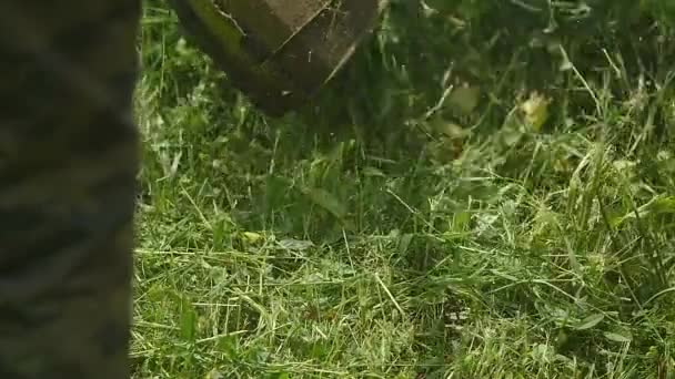 Газонокосилка косит траву в замедленной съемке — стоковое видео
