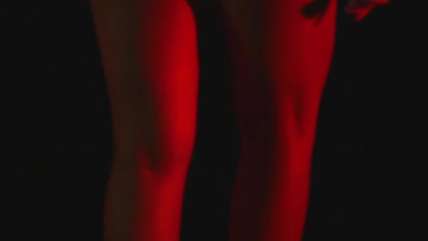 Boldog Slim fiatal nő vörös hajat visel nyitott hosszú ujjú inget és szexi sötét fehérnemű stúdió — Stock videók