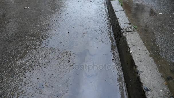 Ein Regenwasserstrom um die Bordsteinkante — Stockvideo