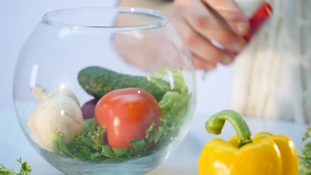 Mãos jogam vegetais diferentes no vaso — Vídeo de Stock