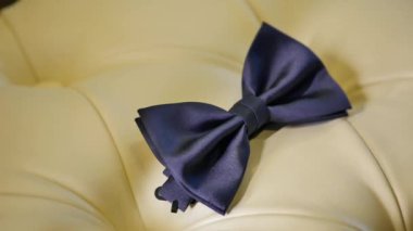 Beyaz koltuk üzerinde mavi papyon