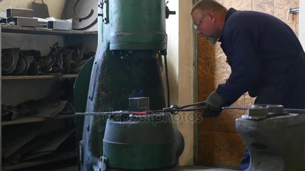 Pandai Besi mengetuk keluar besi pada mesin — Stok Video