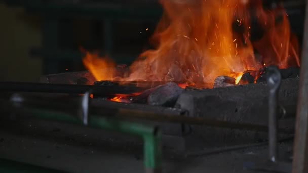 Carbón con fuego ardiente y plancha, cámara lenta — Vídeo de stock