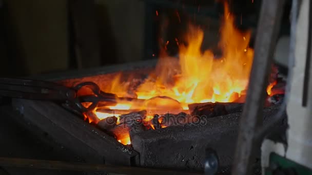 Blacksmith bends an iron stick with a hammer — Stock Video
