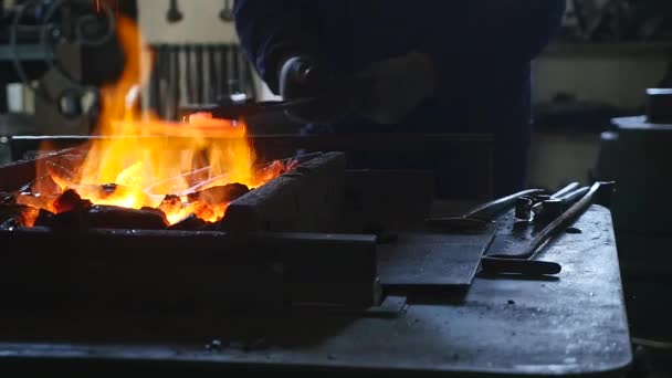 O ferreiro tirou o gancho de ferro do fogo e começou a trabalhar com um martelo — Vídeo de Stock