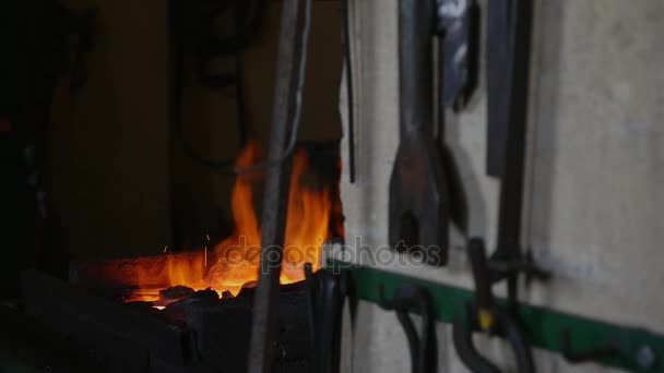 El herrero tomó el gancho de hierro del fuego y comenzó a trabajar con un martillo — Vídeo de stock