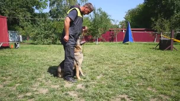 Молодий чоловік тренує собаку — стокове відео